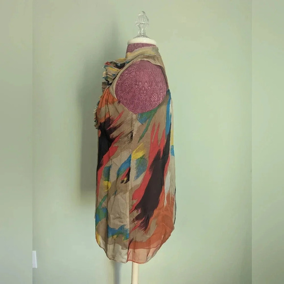 Blue Tassel Tan Silk Blouse, US XS - Picture 2 of 6